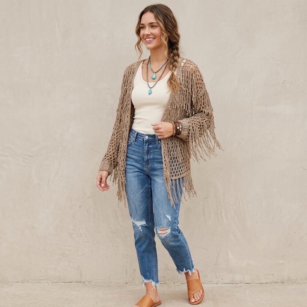 UMGEE Crochet Open Front Cardigan Women Large Beige Boho Fringe Shrug Festival